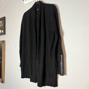 Worth Black Open Front Wool Knit Cardigan Sweater Size Small Leather Detail Long